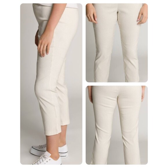 Ulla Popken Sz 22W Pants Beige White Check Pullon Stretch Crop - Picture 1 of 6
